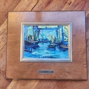 MAURICE D VALMINCK 'Tower Bridge' Blue England Bold Enamel Painting 10"x11.5"